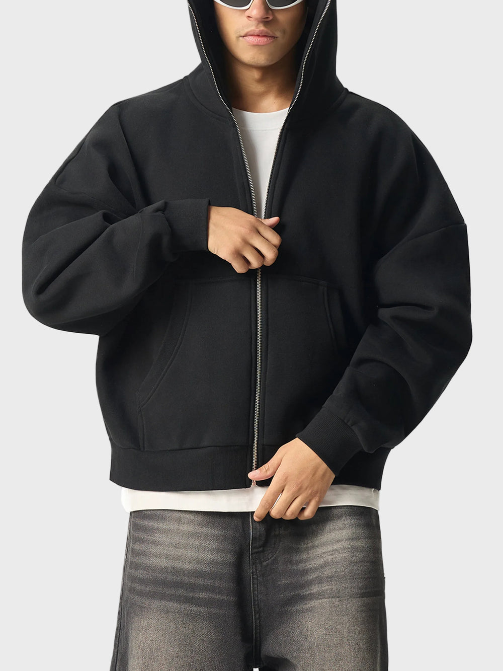 Fleeced Full-Zip Boxy Hoodie
